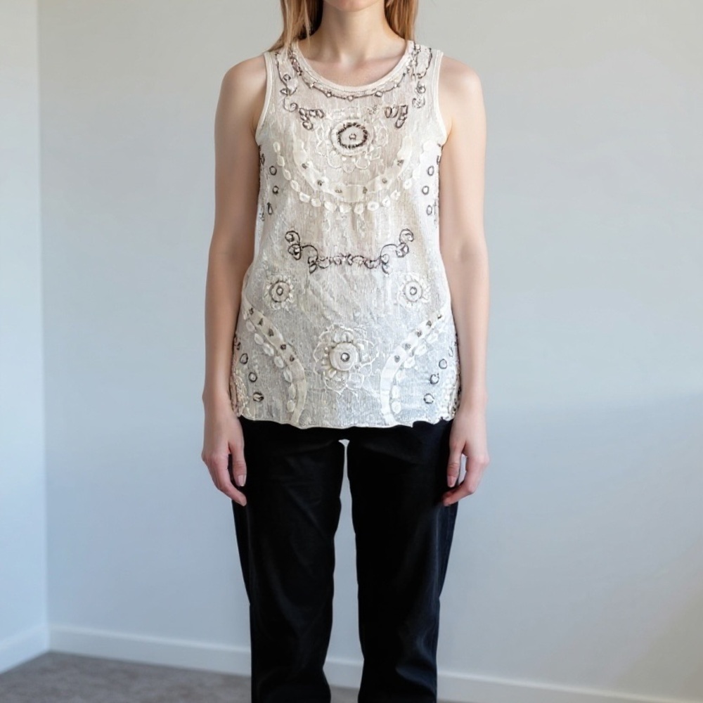 Embroidered Cream Sleeveless Top